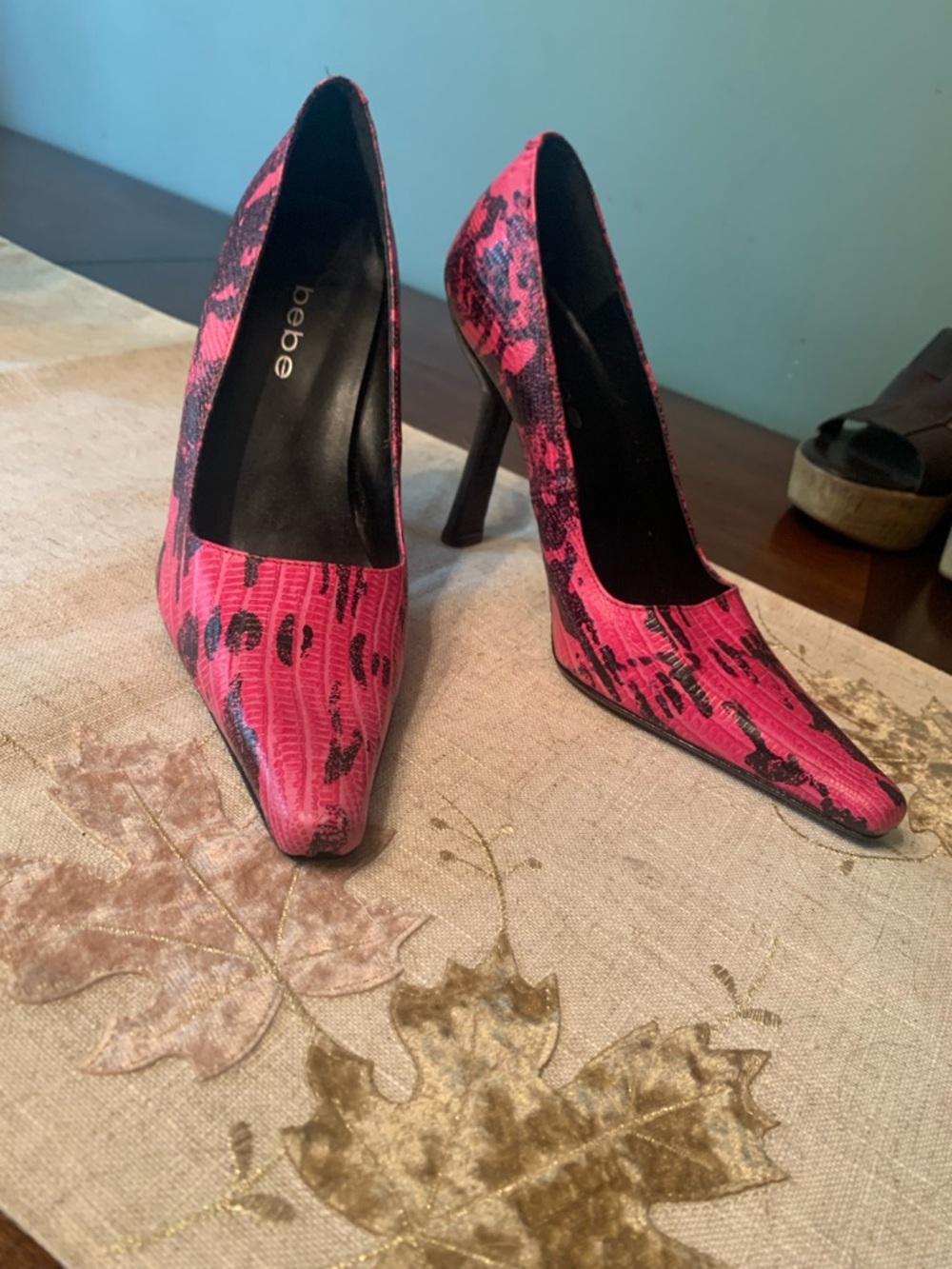bebe Hot Pink and Black Animal-Print Pointed Toe Heels